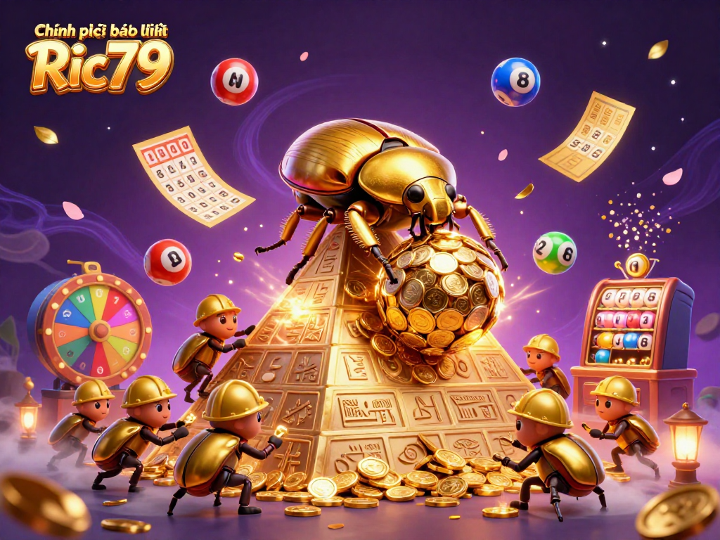 Engage with Chính sách bảo mật Ric79's vibrant scene featuring dynamic gambling elements and cartoon beetles.