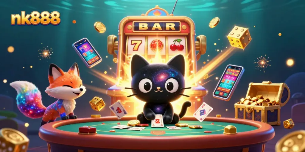 Experience the thrill of nk888 gaming with vibrant characters, slot machines, and a cosmic casino atmosphere.