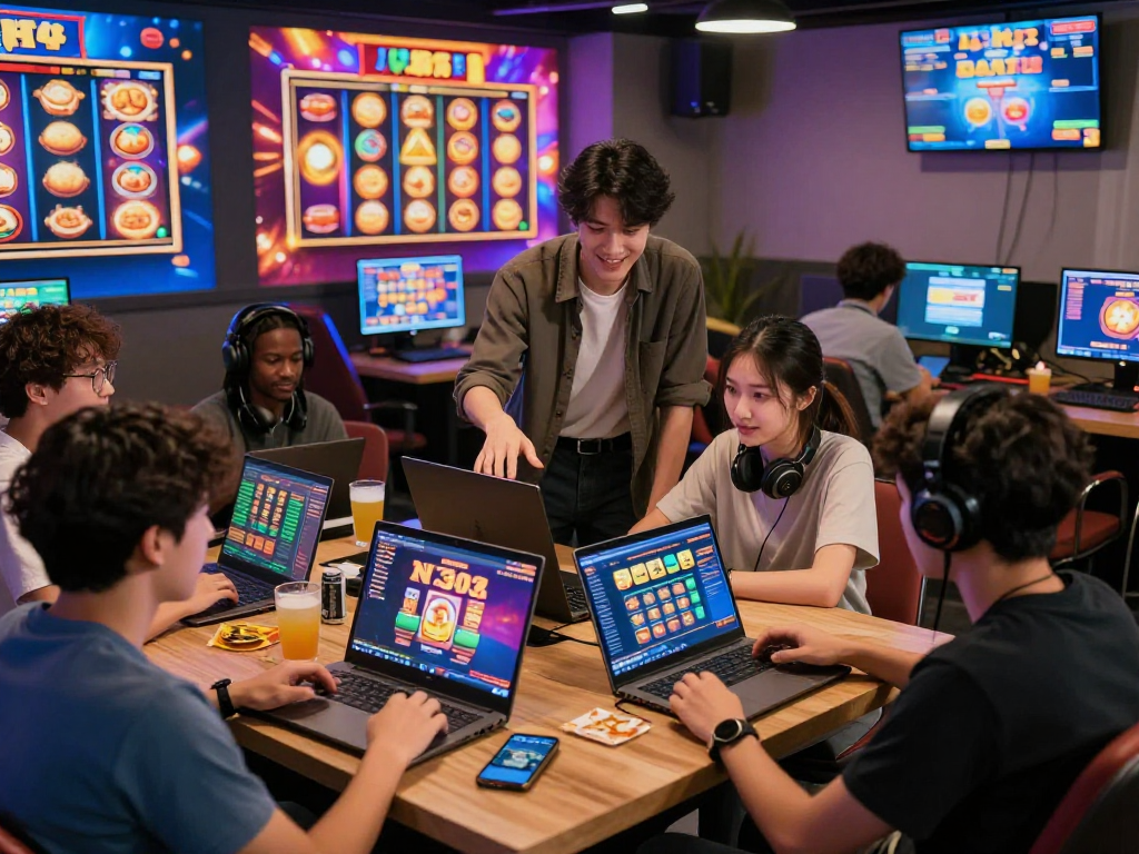 Players engaged in NX303 daftar slot game, showcasing diverse devices and social interactions in a vibrant gaming lounge.