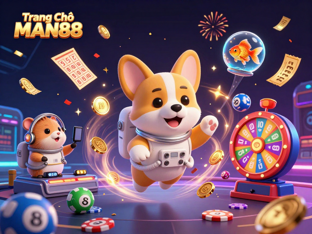 Experience excitement on Trang Chủ MAN88 with lively characters and dynamic gaming elements in a vibrant casino scene.