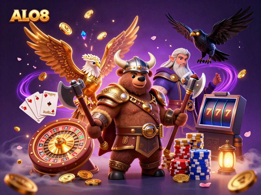 Engage with ALO8's thrilling 3D casino scene featuring a Viking bear, a Valkyrie eagle, and dazzling games.