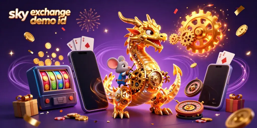 Experience thrilling gaming with a sky exchange demo id, featuring a golden dragon and vibrant casino elements.