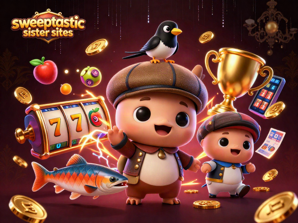 Sweeptastic sister sites highlighted in a vibrant 3D scene featuring fun characters and slot game elements.