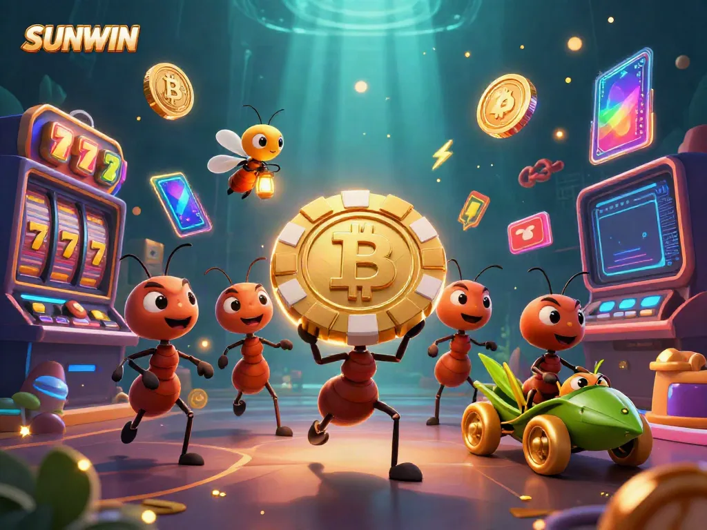 SunWIN casino heist illustration showing ants, a firefly, and a grasshopper amidst vibrant gaming elements.