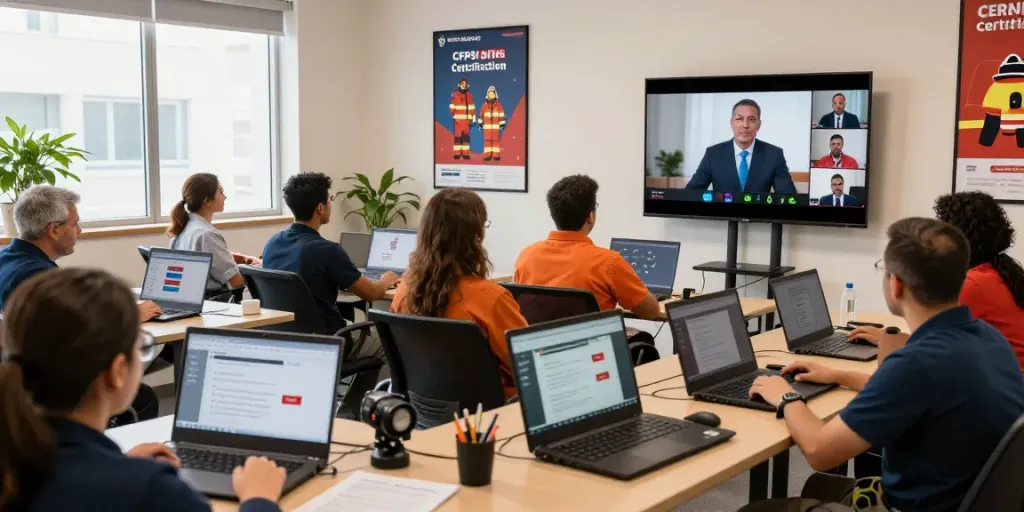 Engaged participants in CFPS Certification Saudi Arabia virtual training, focused on fire safety education.