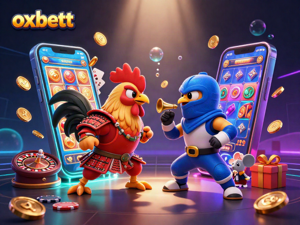 Play exciting games at Oxbett with fighting roosters, slot games, and vibrant casino elements.