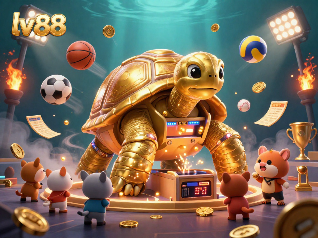 Experience thrilling gaming at lv88 with a vibrant casino scene illustrating a golden tortoise pinball machine and dynamic sports elements.