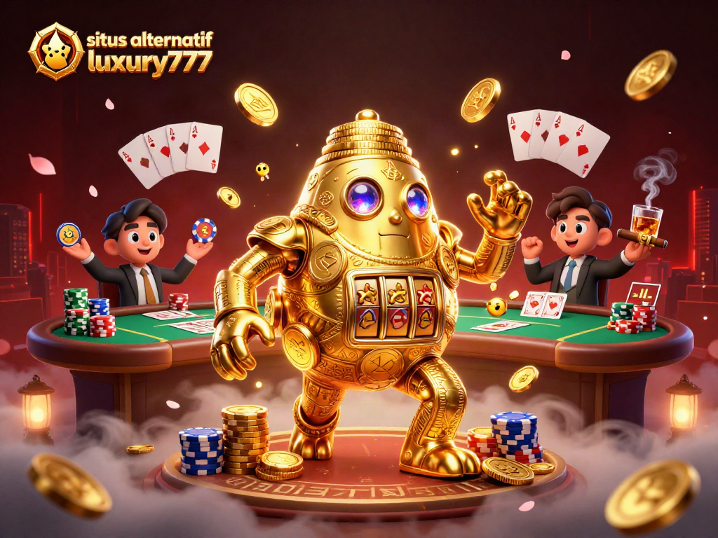 Gambarkan situs alternatif luxury777 dengan golem emas dan meja poker yang mengesankan.