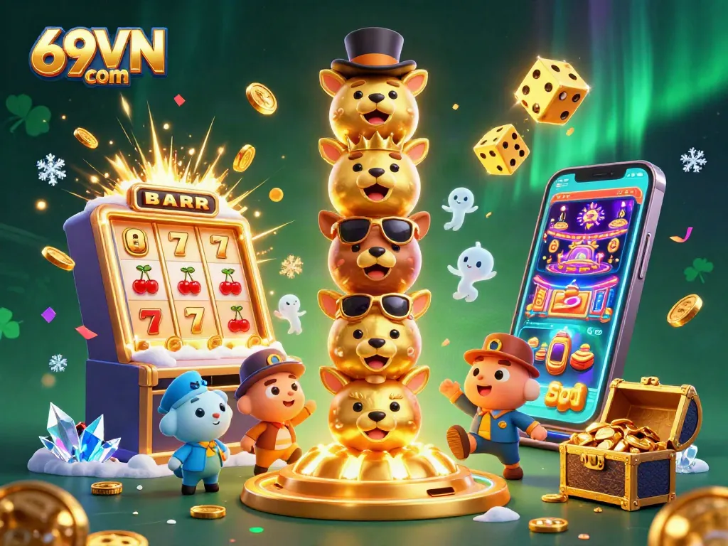 Win big with engaging casino games at 69VN com, featuring vibrant slot machines and 3D illustrations.