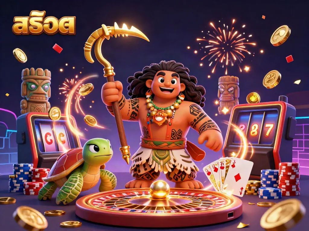 Experience the excitement of สล็อต with a vibrant illustration featuring a Polynesian demigod, a playful turtle, and dynamic casino elements.
