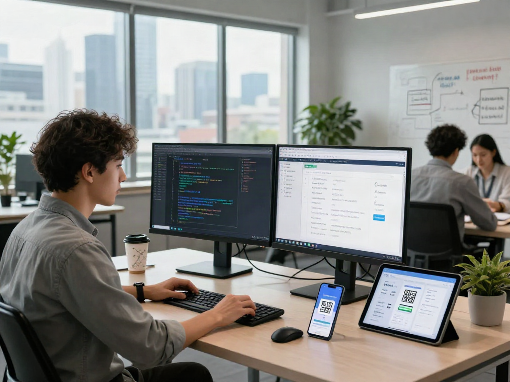 Developer coding on QRIS integration in modern office, showcasing responsive payment technology.