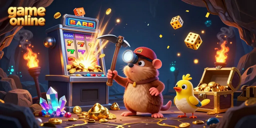 Experience game online excitement with a vibrant treasure hunter mole scene bursting with jackpots and glowing gems.