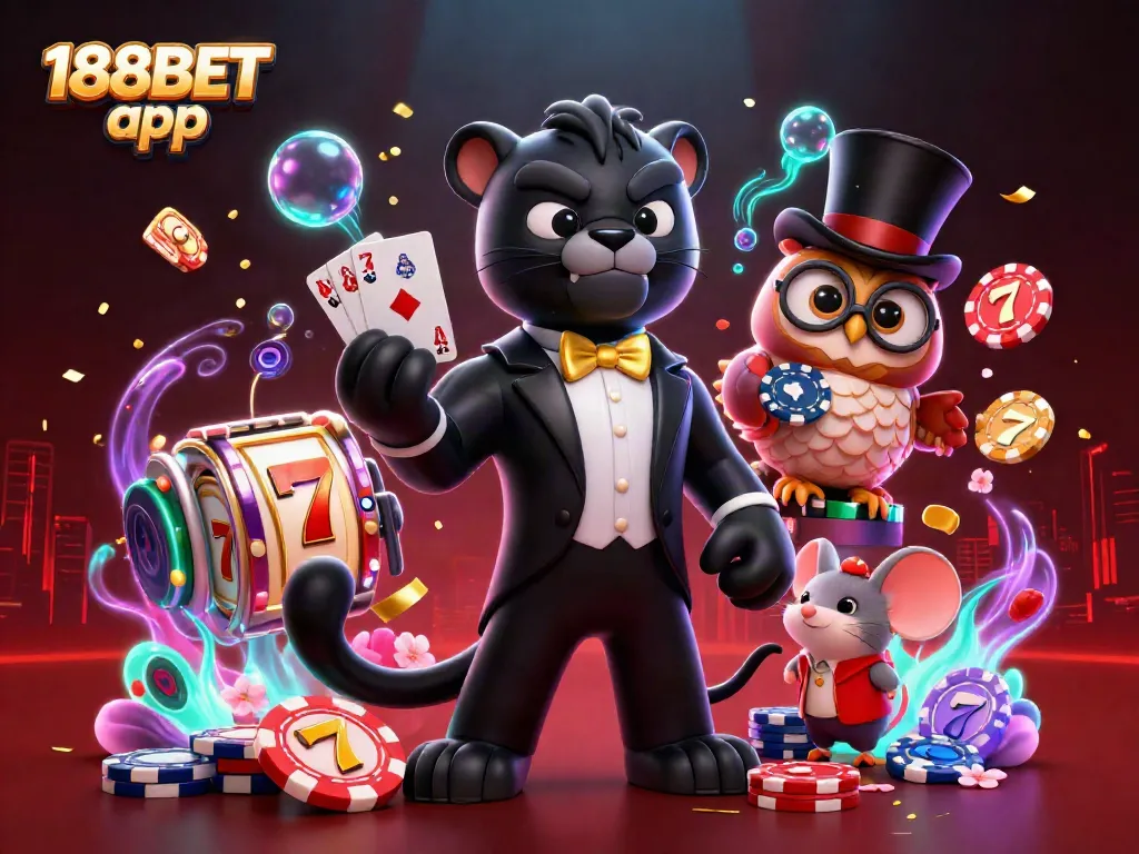 Engage in thrilling gameplay with the 188BET app, featuring stylish characters surrounded by lucky casino elements.