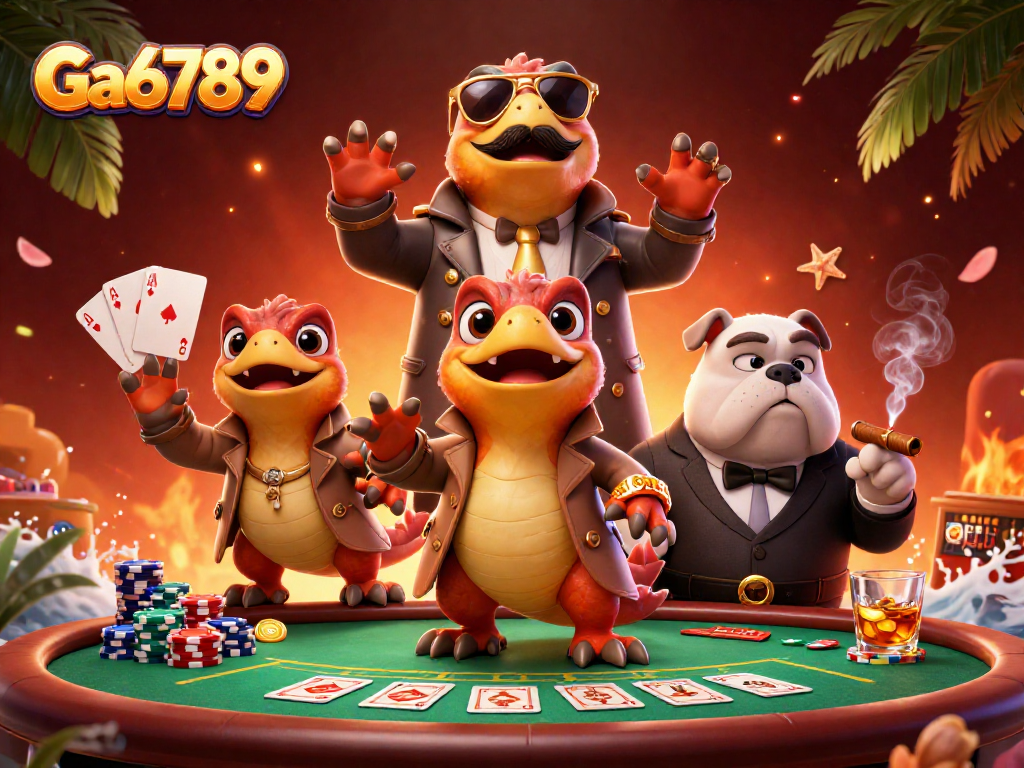 Ga6789 scene with raptors in a trench coat and a bulldog bouncer at a poker table, lively casino atmosphere.