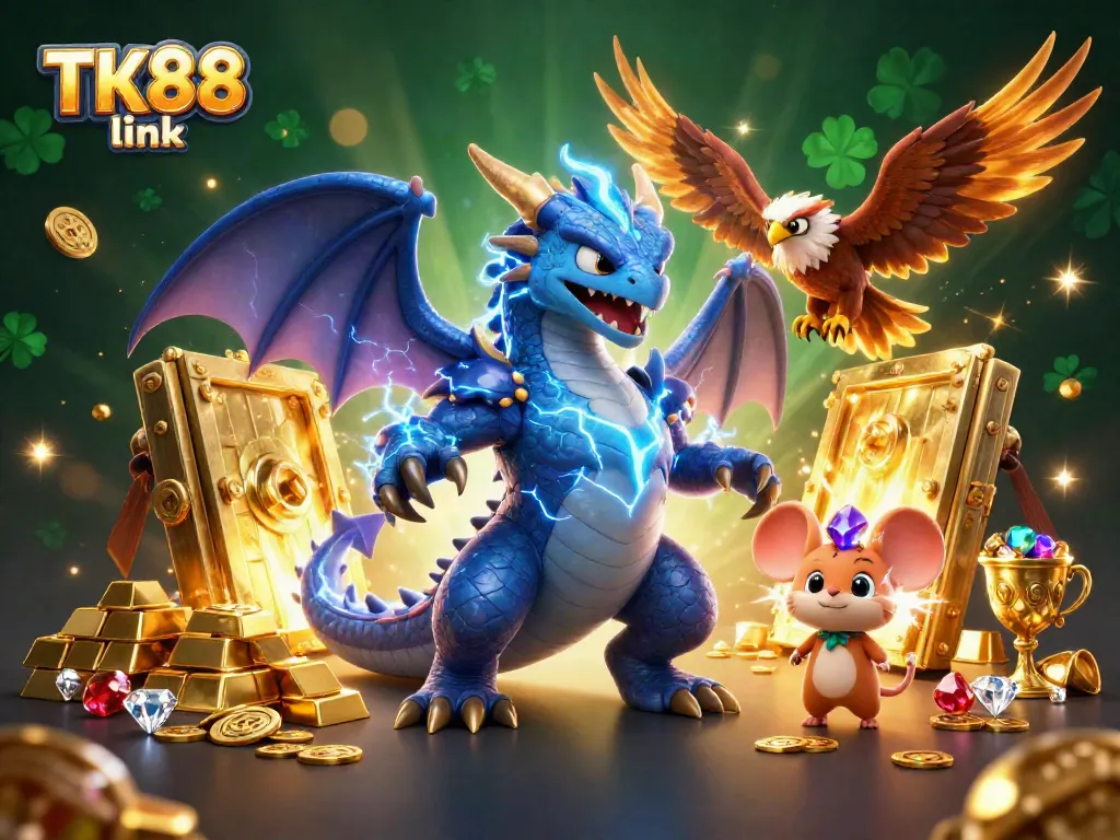Engage with the dynamic TK88 link scene featuring a thunder dragon, wind hawk, and treasure vault.