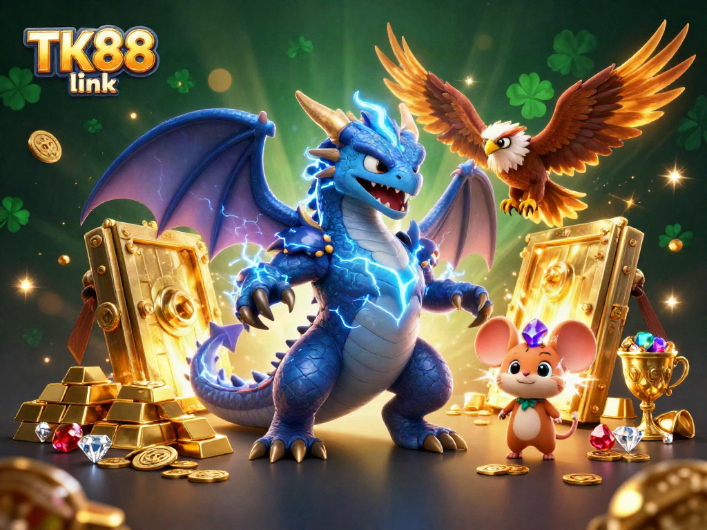 Engage with the dynamic TK88 link scene featuring a thunder dragon, wind hawk, and treasure vault.