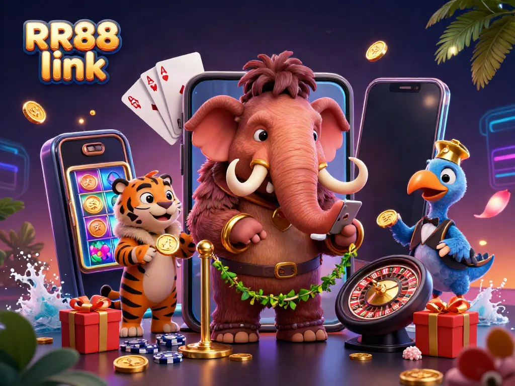 RR88 link showcases a vibrant online casino scene with game elements, engaging characters, and dynamic energy.