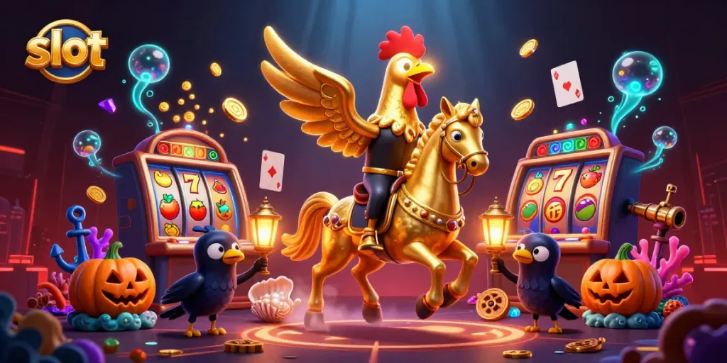 Experience thrilling slot machine action with golden rooster characters in a vibrant casino.