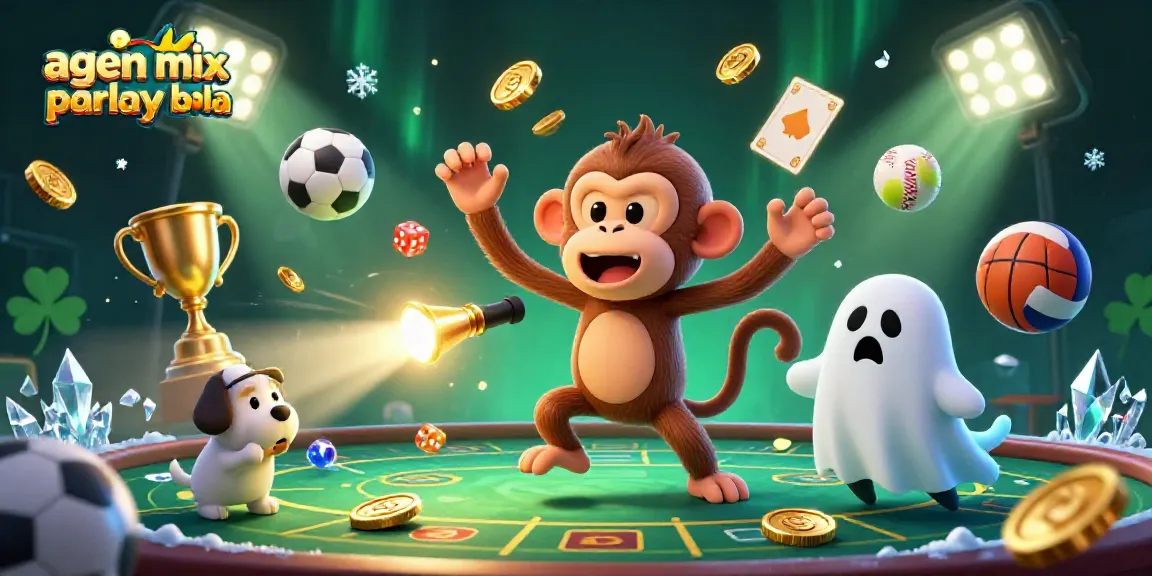 Engage with agen mix parlay bola in this vibrant haunted casino scene filled with mischievous poltergeist monkey and ghost-hunter puppy.