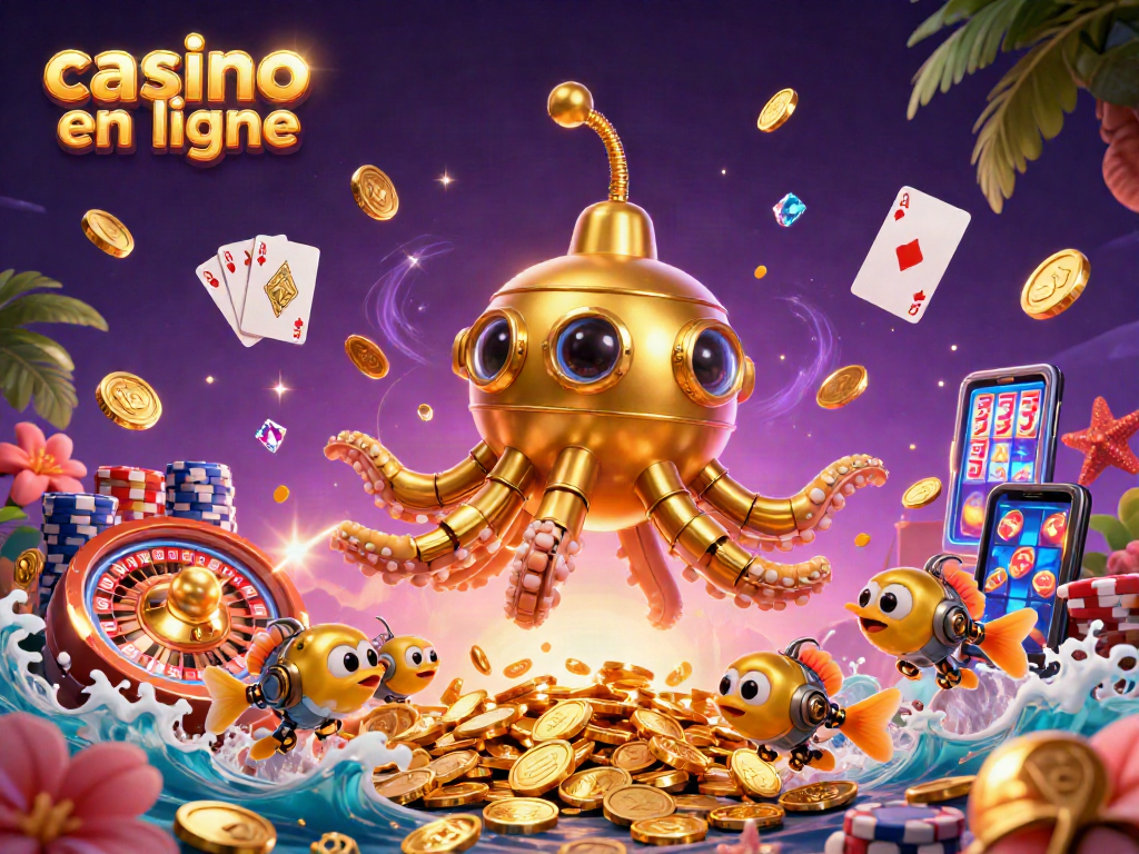 Experience the excitement of casino en ligne with this vibrant 3D illustration featuring a kraken submarine amidst golden coins.