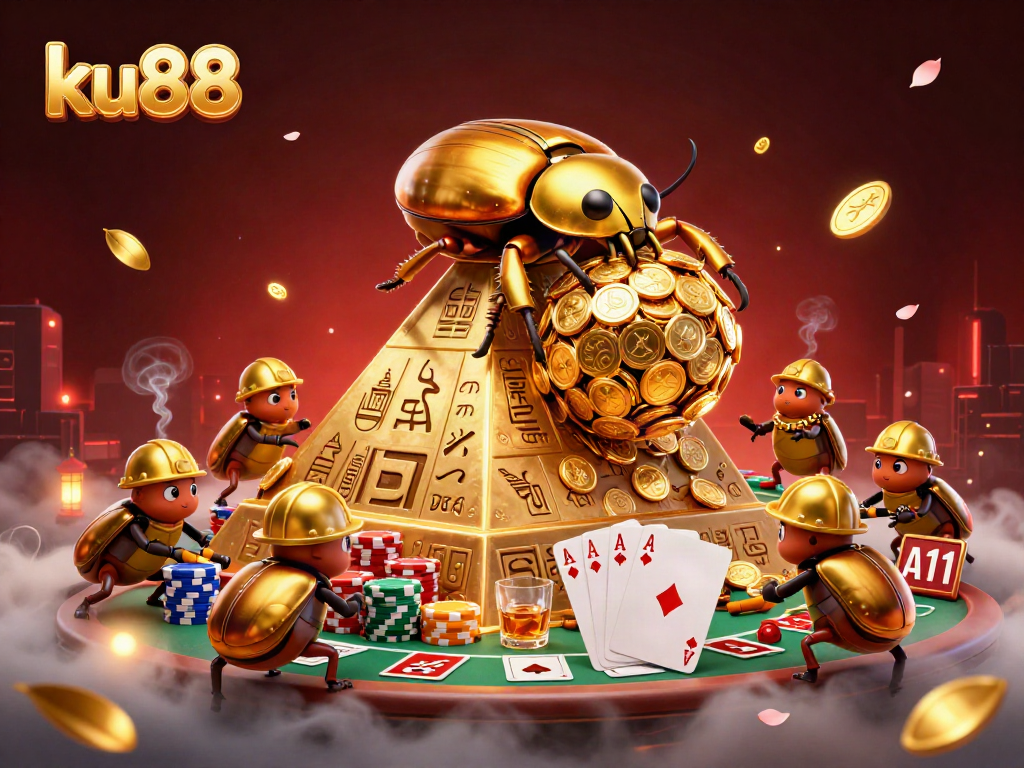 ku88 casino scene with a golden beetle rolling coins, vibrant poker elements scattered