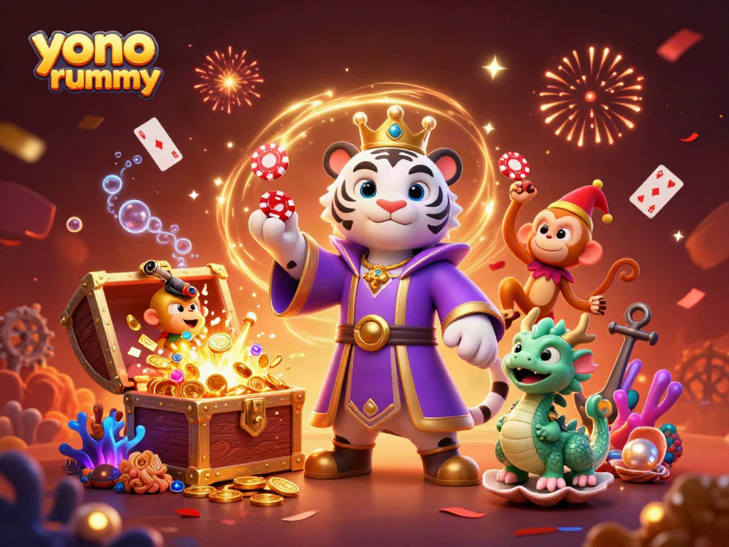 Rasakan keseruan bermain yono rummy dengan kapten harimau dan kera menghibur di tengah tumpukan harta karun.