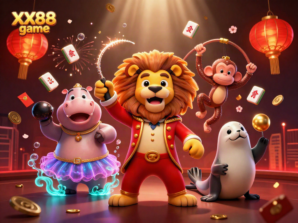 Engage with the vibrant atmosphere of the XX88 game featuring dynamic circus elements and thrilling casino visuals.
