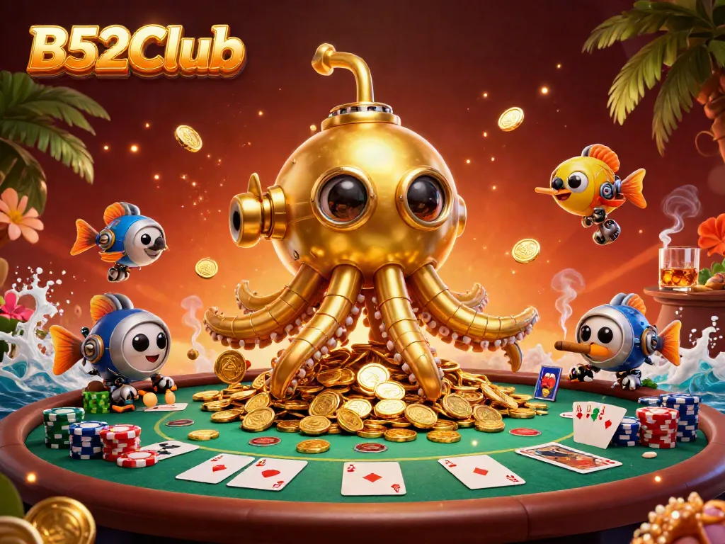 Engaging scene of B52Club's kraken submarine amidst a poker game packed with chips and cards.