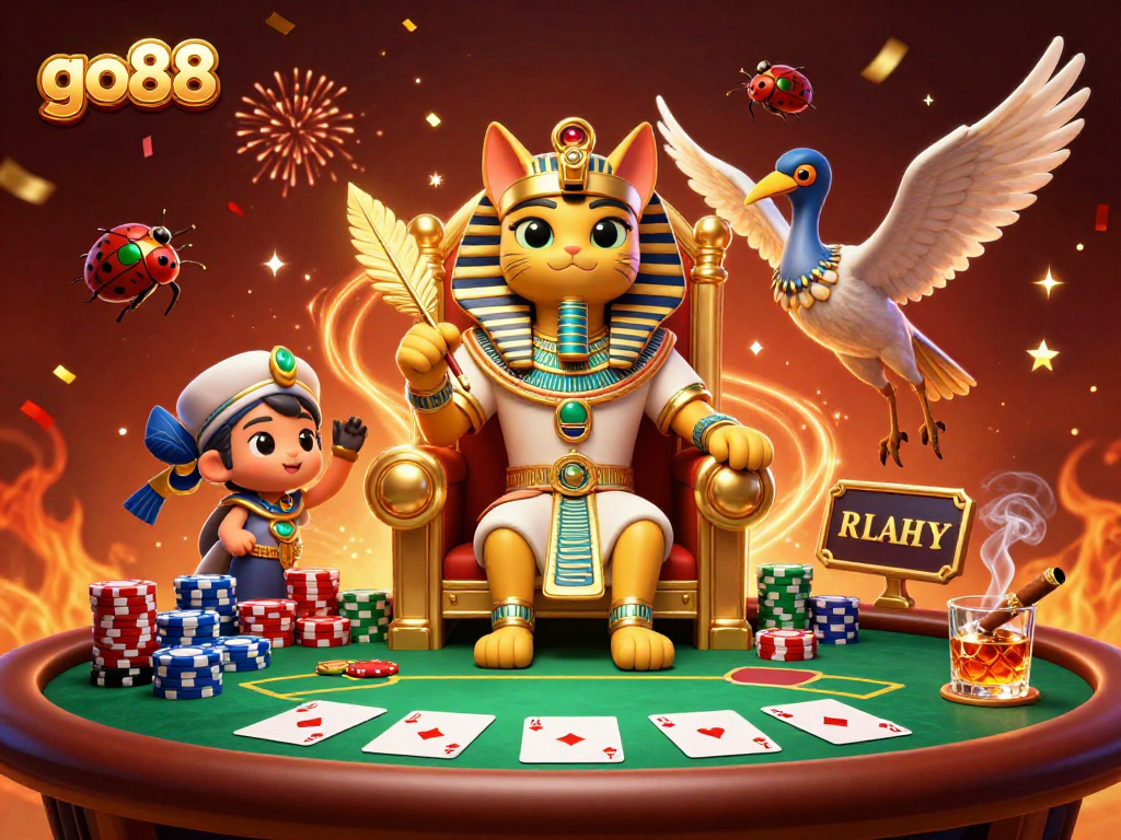 Experience exciting poker action at go88 with cartoon pharaoh cat and poker chip towers.