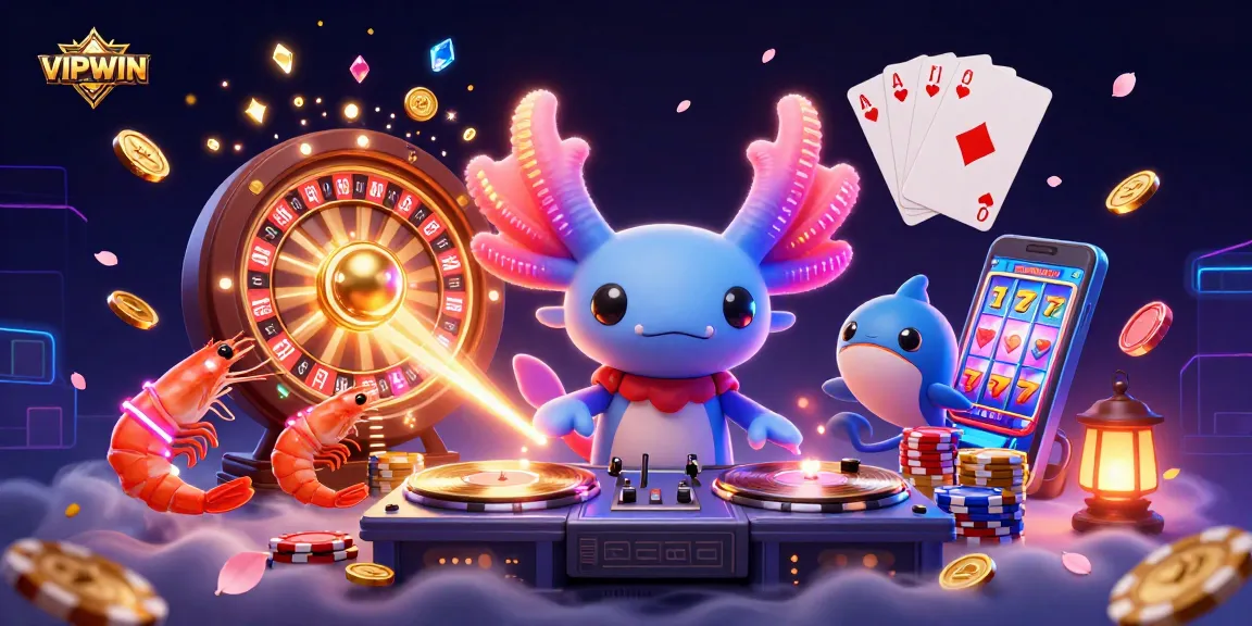 Engage with VIPWIN's vibrant casino scene featuring energetic characters and sparkling gaming elements.
