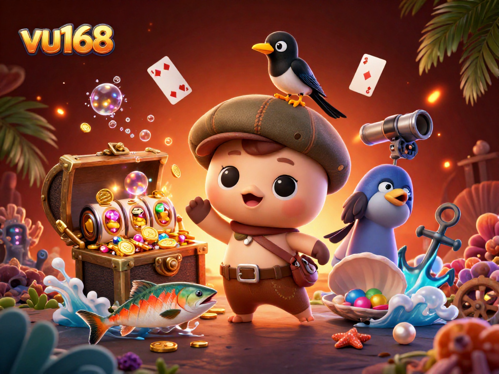 Experience the thrilling adventure of vu168 with playful characters and vibrant casino elements!