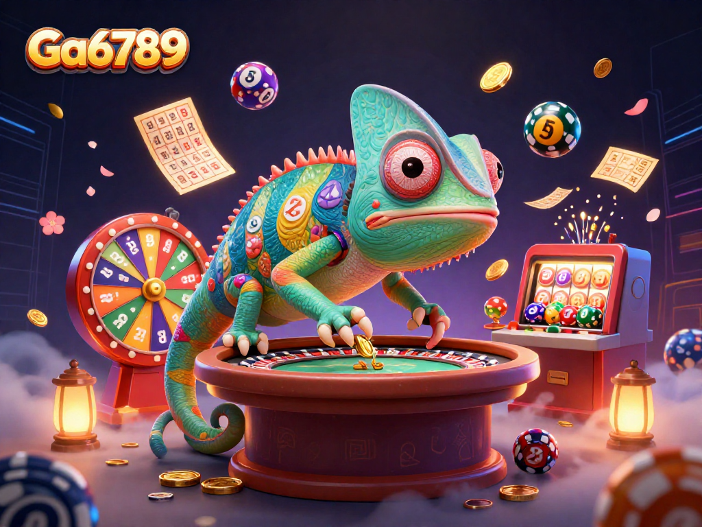 Engage with Ga6789's vibrant casino world featuring a chameleon owner, colorful lottery, and exciting gaming elements.