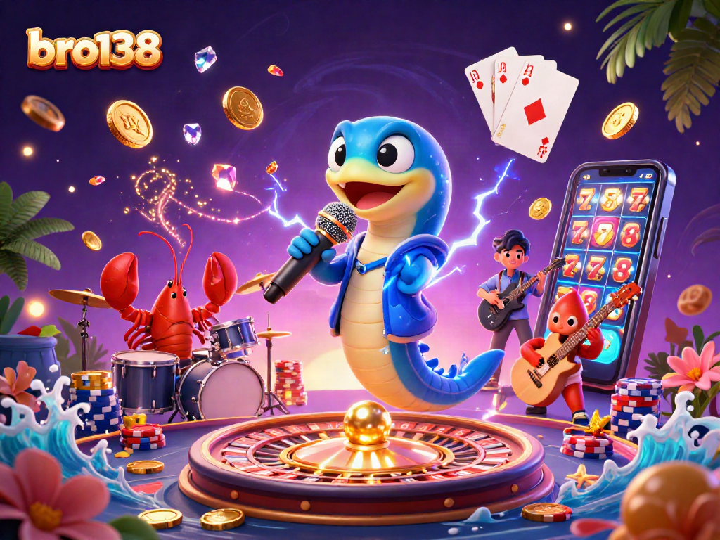 Engage with bro138 for thrilling spins featuring electric eel DJ in vibrant underwater casino illustration.