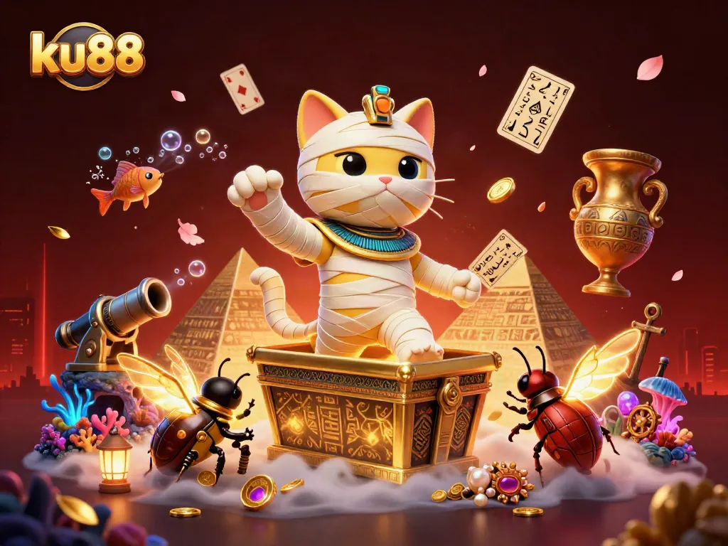 ku88 mummy cat and scarab beetle gaming in pyramid casino, surrounded by treasures