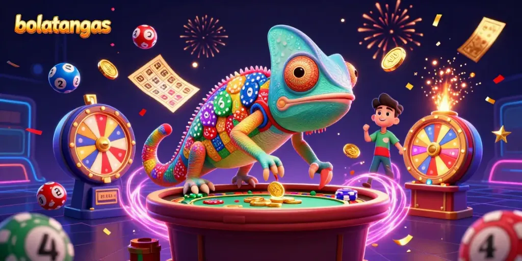 Engage in bolatangkas excitement with a vibrant 3D casino scene featuring a colorful chameleon and dynamic game elements.
