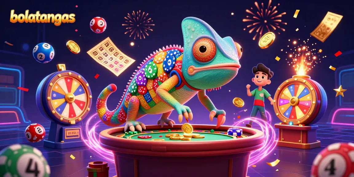 Engage in bolatangkas excitement with a vibrant 3D casino scene featuring a colorful chameleon and dynamic game elements.