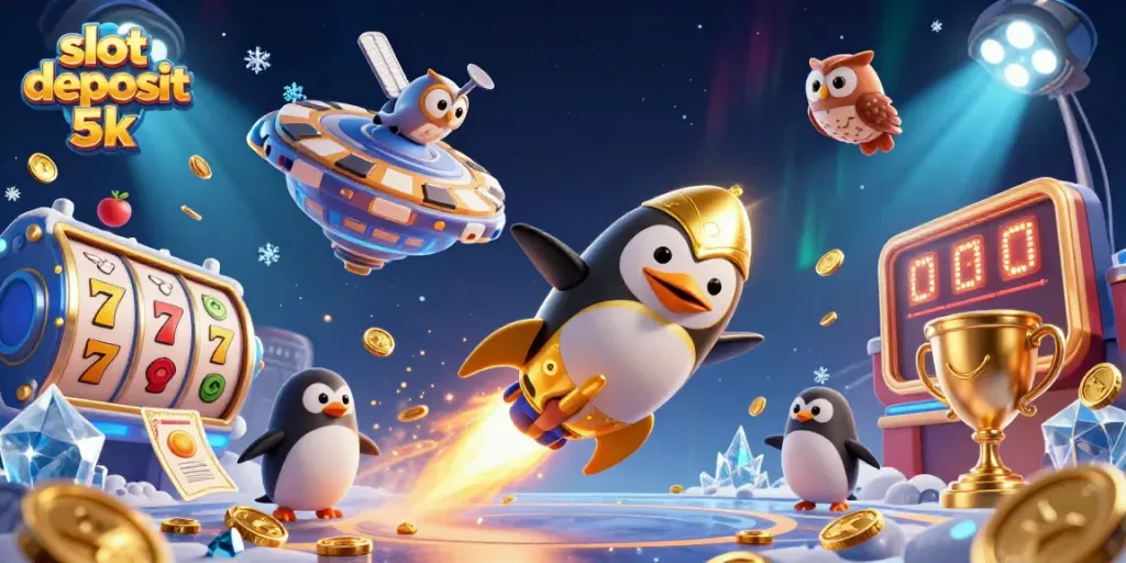 Engage with exciting slot deposit 5k gaming as a golden penguin flies to the casino!