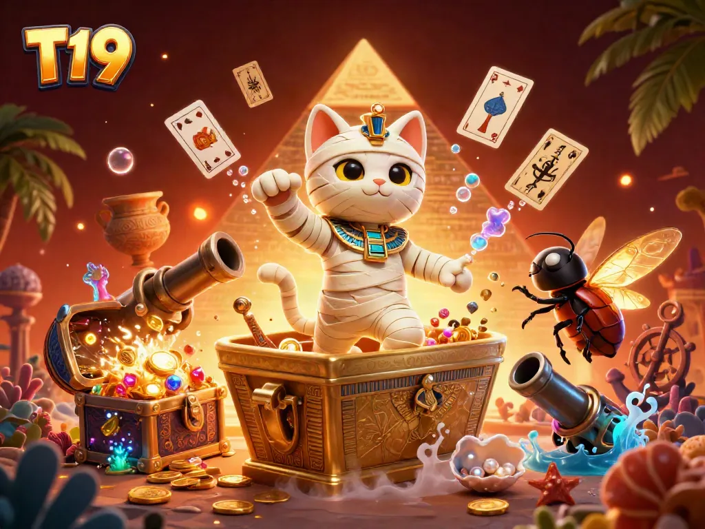 T19 transports players into an enchanting pyramid casino with lively mummy cat and glowing scarab companions.