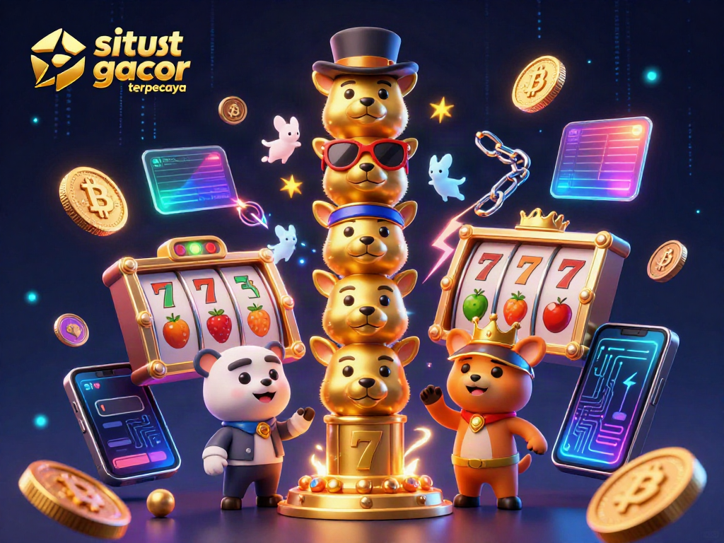 Spin the reels on 'situs slot gacor terpercaya' with vibrant 3D totems and crypto elements.