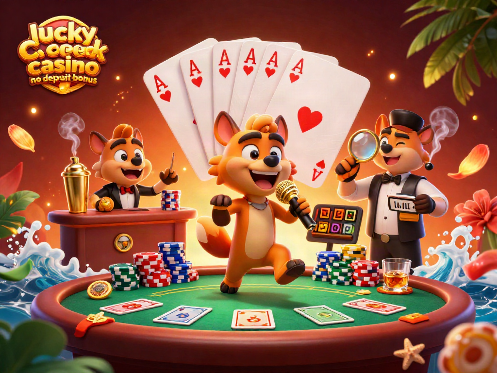Experience the thrill of the lucky creek casino no deposit bonus with vibrant characters and game elements in a 3D illustration.