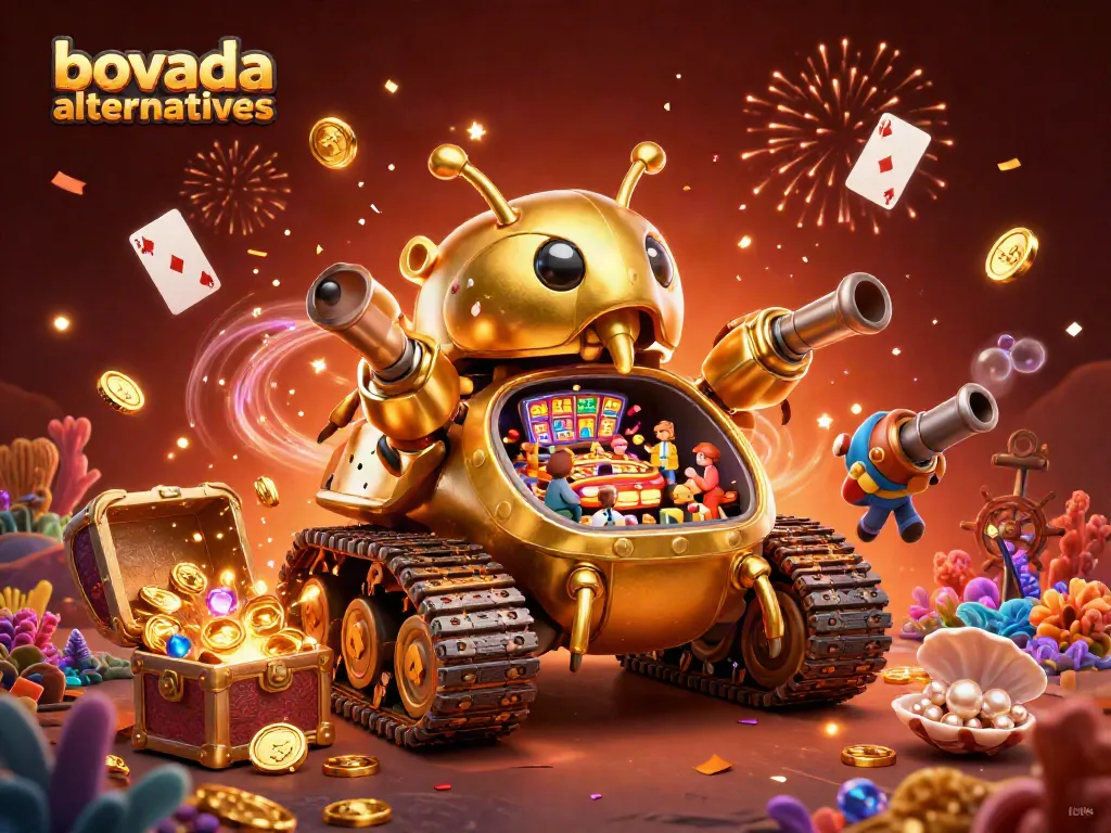 Discover top bovada alternatives while a golden beetle tank reveals a casino scene.