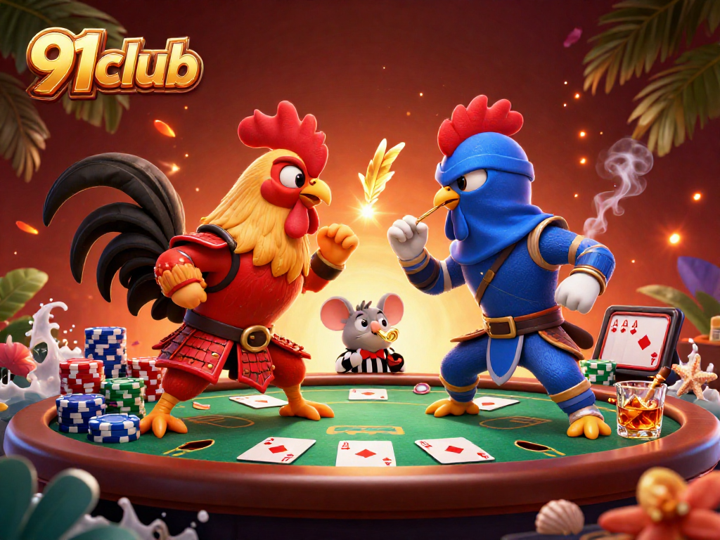 Bet big with 91club's colorful fighters in a dazzling casino environment, showcasing thrilling poker elements.