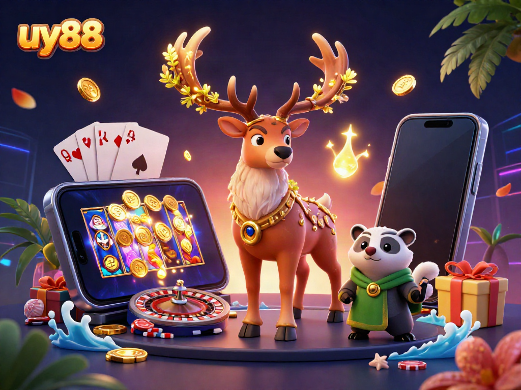 Experience thrilling gameplay at uy88 with a vibrant 3D casino scene showcasing various games.