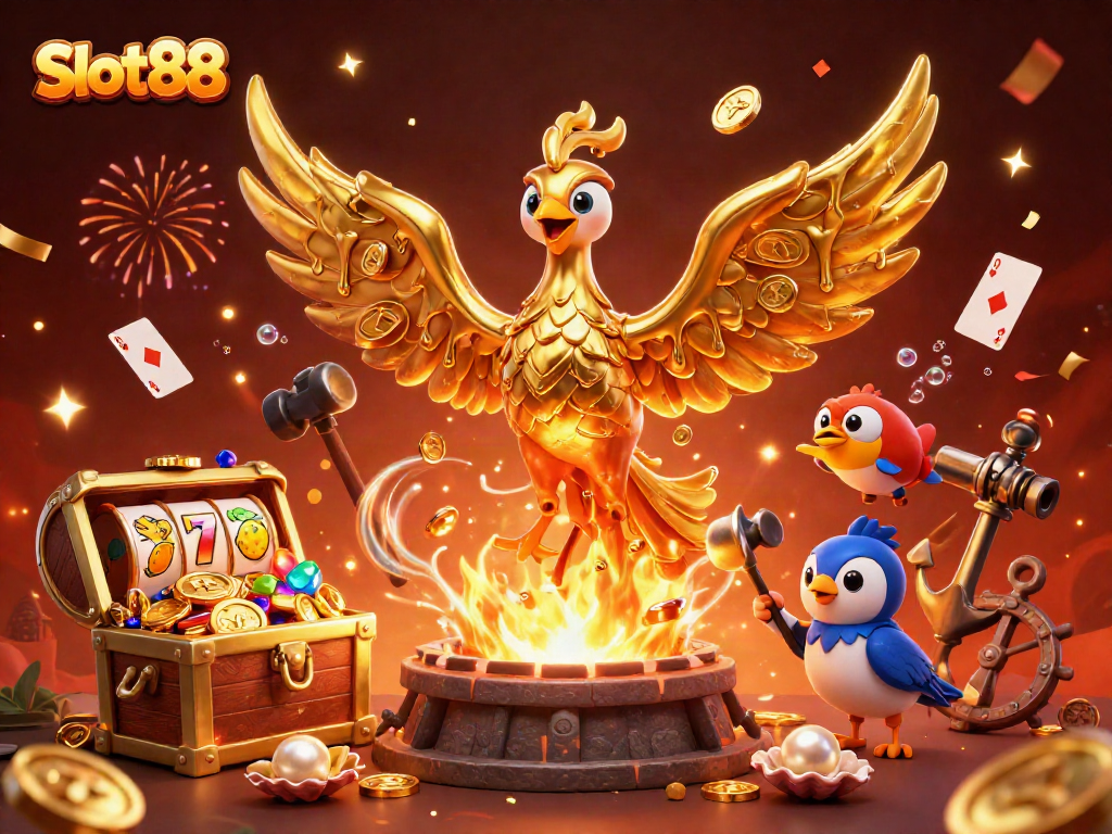 Experience Slot88 excitement with a molten phoenix and slot reels bursting with treasures.
