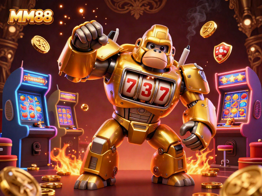 Engage in exciting slots with MM88's dynamic gorilla mech illustration featuring jackpots and vibrant casino elements.