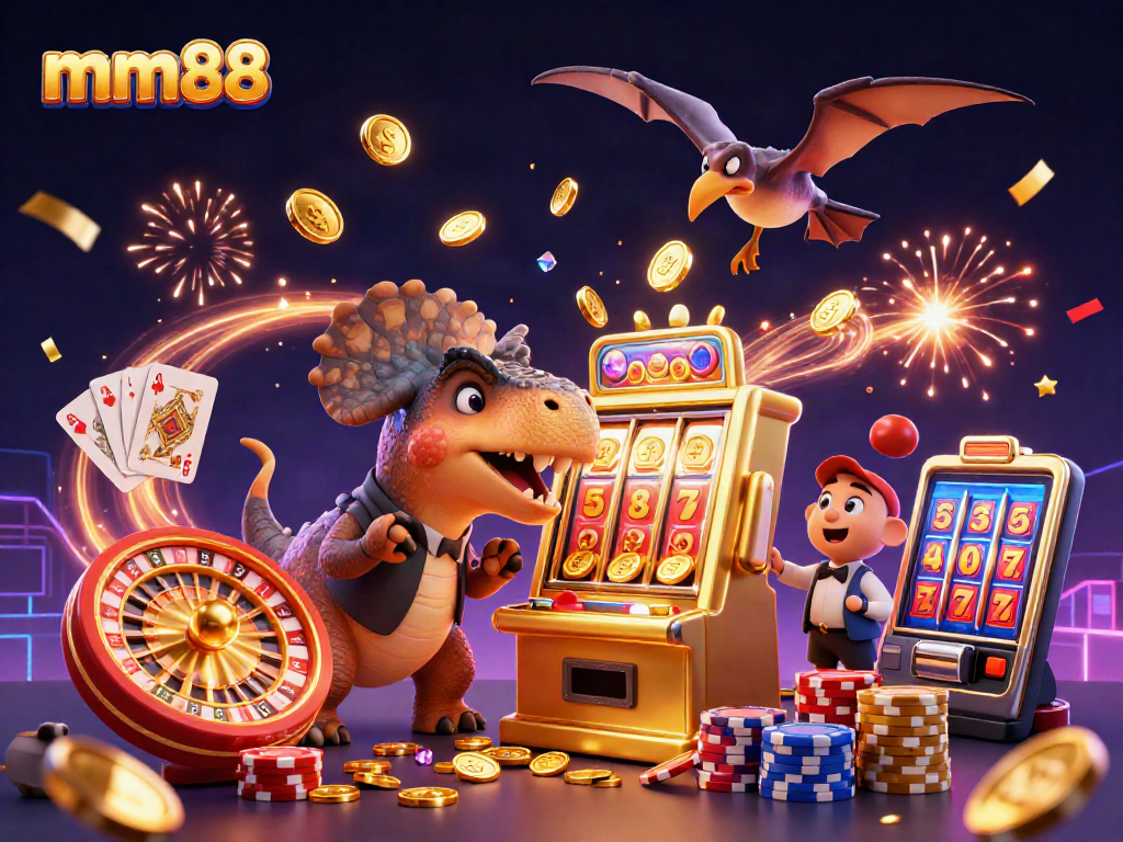 mm88 slot machine illustration with a dinosaur headbutting for a jackpot amid cascading coins.