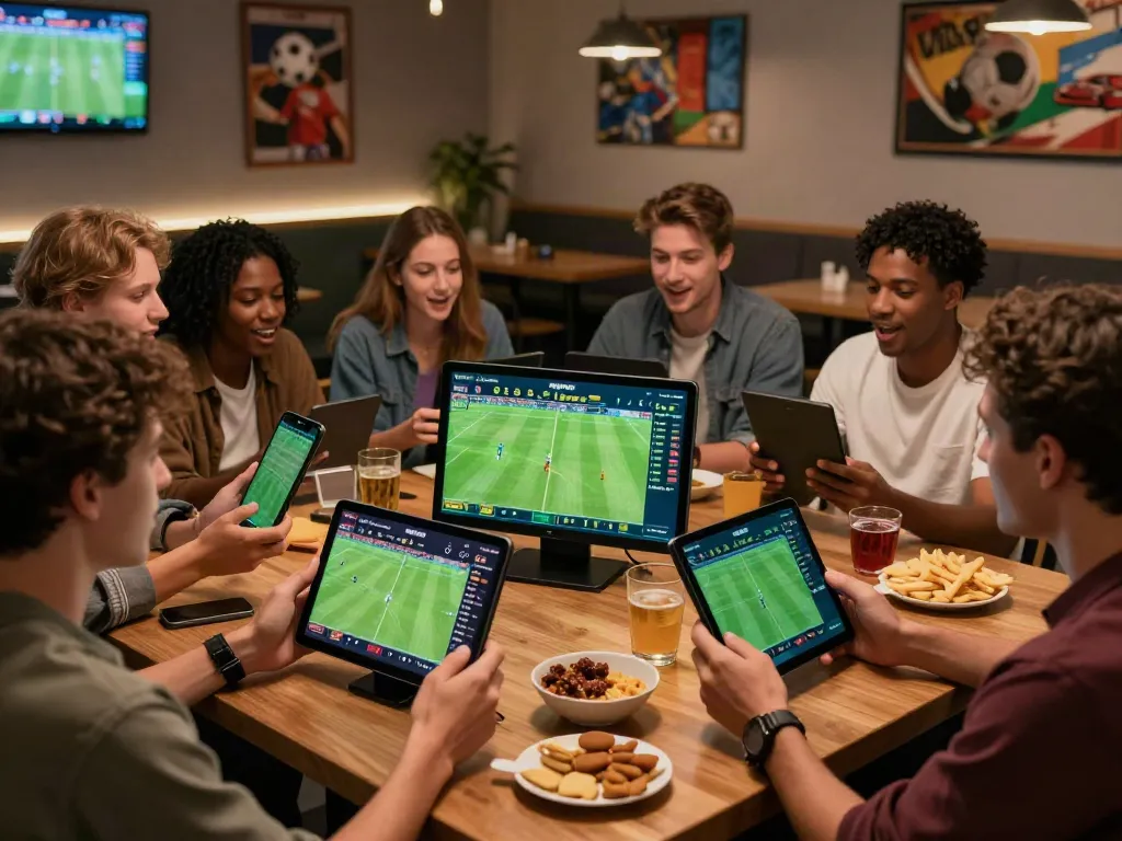 Excited fans engaging with WWBOLA odds in a vibrant sports lounge.