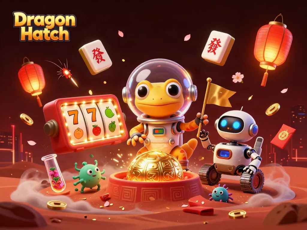 Engage with Dragon Hatch in a vibrant casino scene featuring lucky symbols and animated characters.