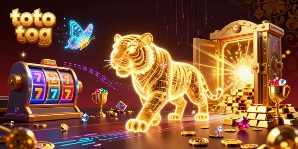 Experience thrill with toto tog as the golden tiger and neon elements create a vibrant casino atmosphere.