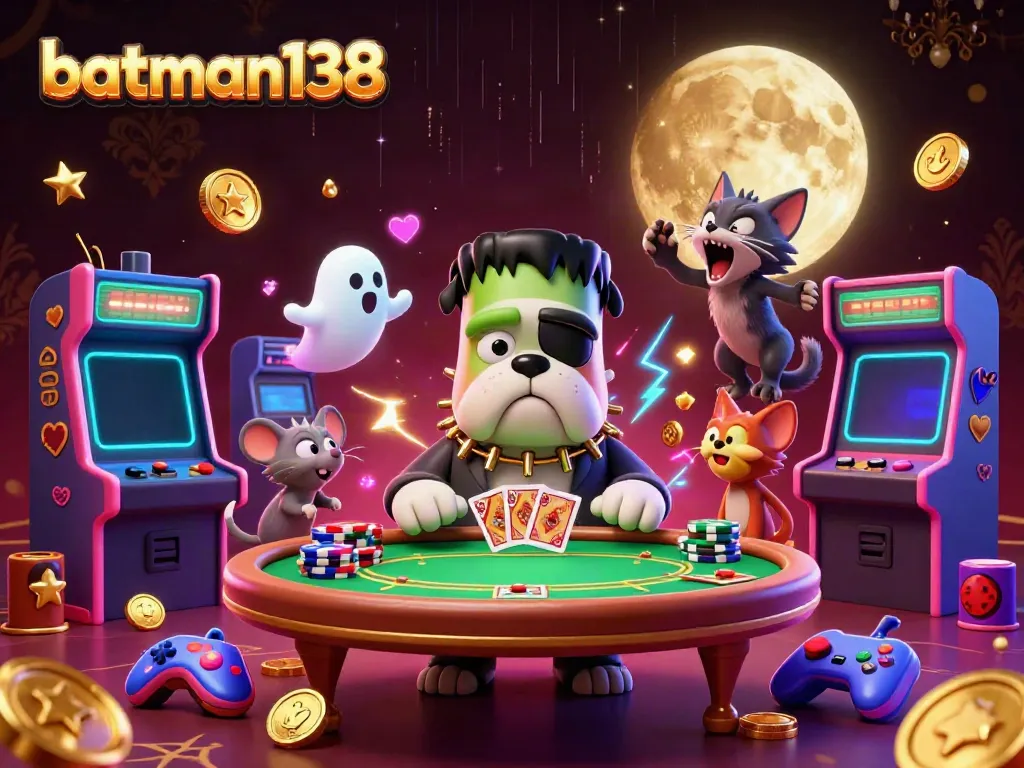 Experience batman138 with a unique casino scene featuring a Frankenstein bulldog, ghost mouse, and werewolf kitten.